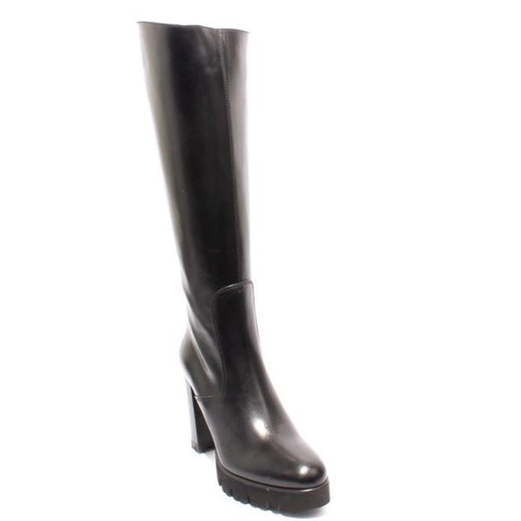 Italian Black Leather Zip Knee High Platform Heel Boots - Picture 1 of 8